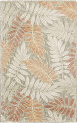 Close-up of the Nourison Aloha Sage Rose rug, featuring a leaf pattern in sage, rose, and cream hues.