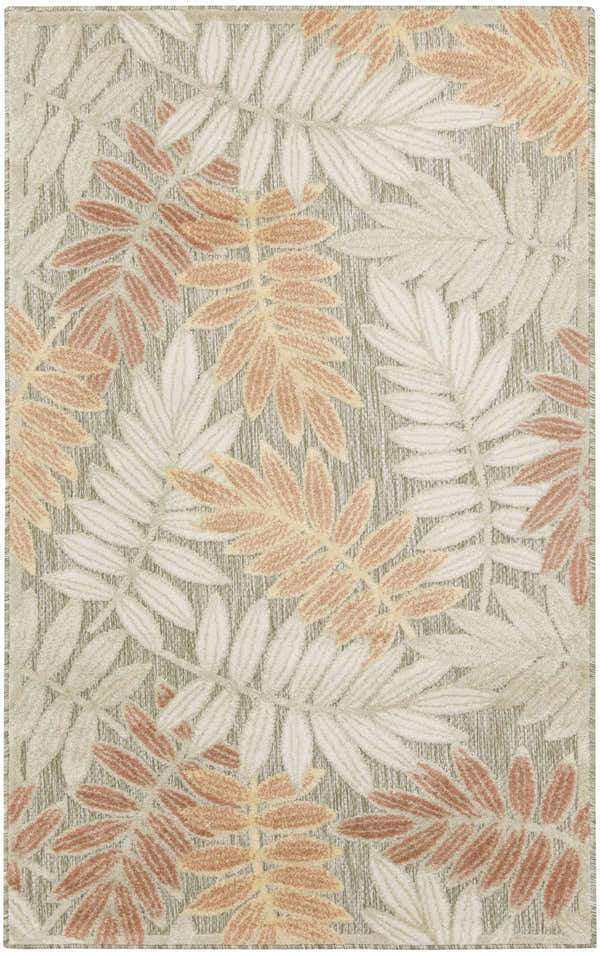 Close-up of the Nourison Aloha Sage Rose rug, featuring a leaf pattern in sage, rose, and cream hues.