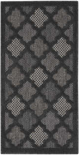 Close-up of the Nourison Easy Care Charcoal Black Modern Area Rug featuring a taupe geometric diamond pattern.