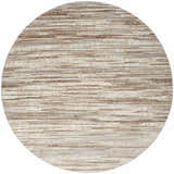 Close-up of round Nourison Elation Ivory Grey rug. Modern design with chestnut brown and gray horizontal lines. High pile texture.