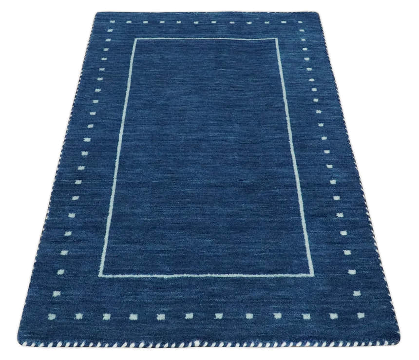 Modern Solid Plane Blue Hand Loomed Southwestern Custom Made wool Area Rug