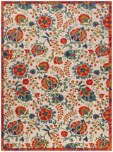 Close-up of Nourison Aloha Red Multicolor Farmhouse Area Rug with floral and vine pattern in red, blue, green, and orange on a cream background.