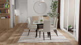 Dining room with glass table and Feizy Gilmore Ivory/Orange/Gray Area Rug. Roomscene-Rectangle