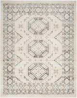 Close-up of the Nourison Serenity Home Ivory Grey rug featuring a vintage geometric pattern and high pile texture.