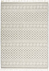 Close-up of the Nourison Paxton Ivory/Grey rug featuring a geometric diamond pattern and Greek key border with tassels.