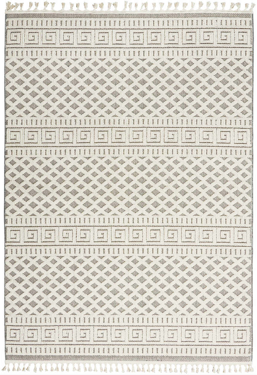 Close-up of the Nourison Paxton Ivory/Grey rug featuring a geometric diamond pattern and Greek key border with tassels.