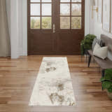 Entryway with wood floors, bench, and Nourison Desire Cream Grey runner rug.