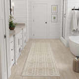 Modern farmhouse bathroom with a Nourison Charm Silver Ivory rug, white cabinets, and wood floors.