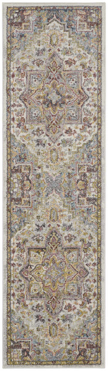 Close-up of Nourison Soraya Ivory Multicolor runner rug, showing chestnut, blue, gold, and gray floral medallion pattern.