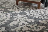 Close-up of Feizy Belfort rug. Gray wool rug with ivory floral pattern. Traditional, hand-tufted texture. Roomscene-Rectangle