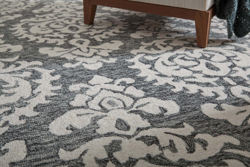 Close-up of Feizy Belfort rug. Gray wool rug with ivory floral pattern. Traditional, hand-tufted texture. Roomscene-Rectangle