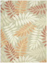 Close-up of Nourison Aloha Sage Rose Area Rug featuring a leafy sage, rose, and cream mid-century modern pattern.