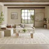 Living room scene with a Nourison Nordic Ivory Beige rug, sectional sofa, and natural light.