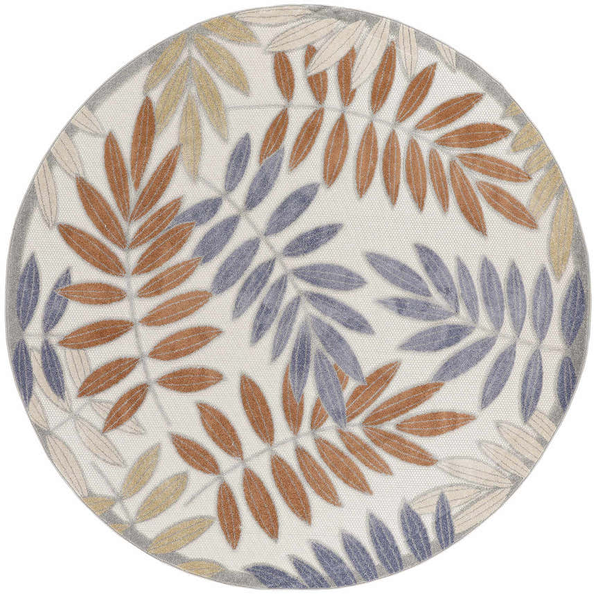 Close-up of round Nourison Aloha Blue Mocha Outdoor Area Rug with a leaf pattern in blue, mocha, and beige.