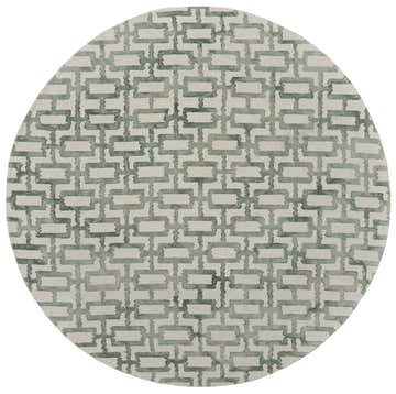 Close-up of a round Feizy Lorrain Green Area Rug. Ivory rug with a contemporary geometric green pattern. Design-Round-65