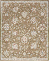Close-up of Nourison Infinite Mocha Vintage rug. Light brown with floral pattern and vintage style.