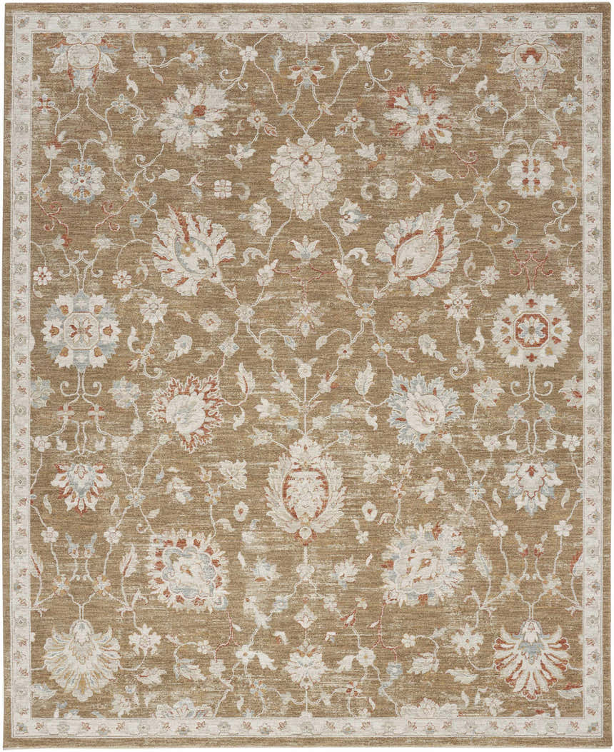Close-up of Nourison Infinite Mocha Vintage rug. Light brown with floral pattern and vintage style.