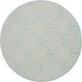 Round Nourison Jubilant Ivory Green rug with a farmhouse floral medallion pattern in light blue and white.