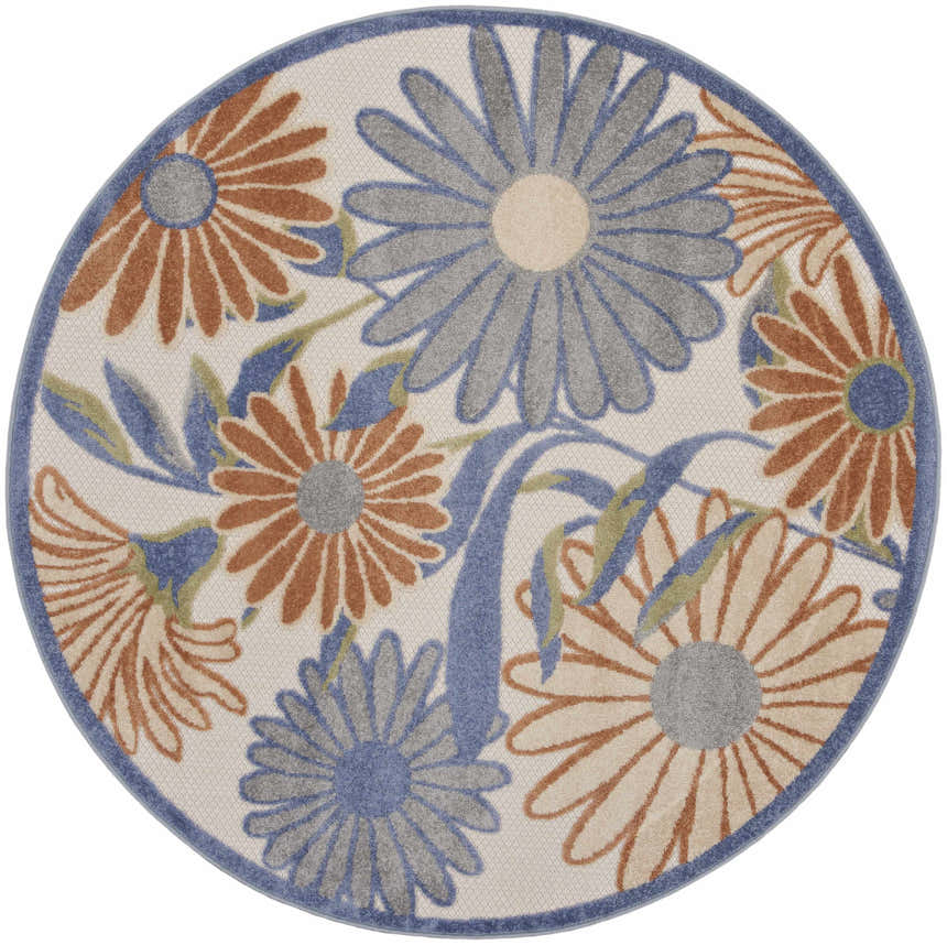 Round Nourison Aloha Beige Multicolor rug featuring a floral pattern with blue, beige, and brown flowers.