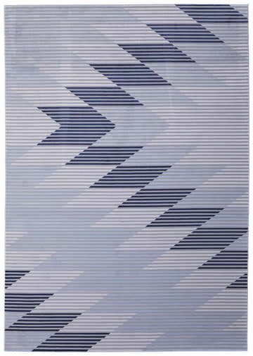Feizy Marigold rug close-up: blue, gray, and white geometric pattern with horizontal stripes and angled shapes. Design-Rectangle