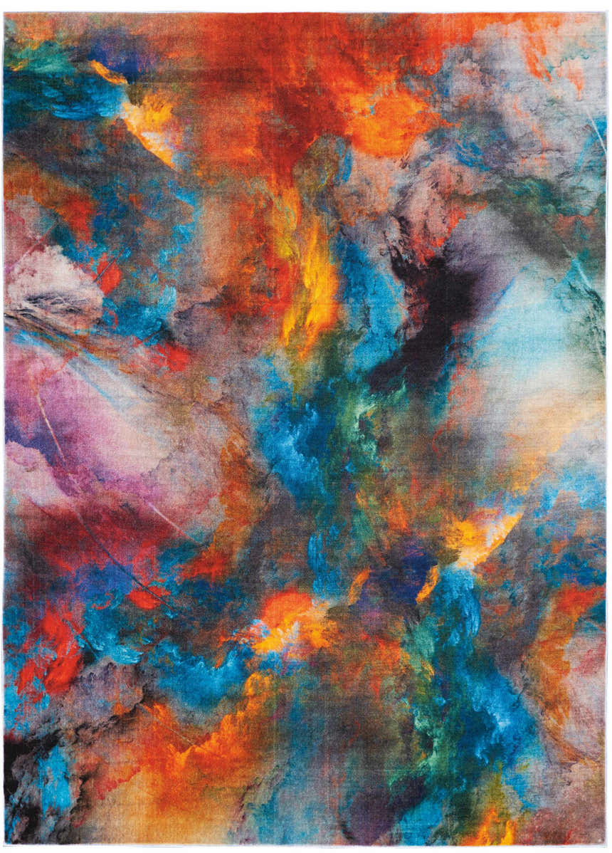 Close-up of the Nourison Le Reve Multicolor rug, featuring an abstract design with orange, blue, yellow, and purple hues.