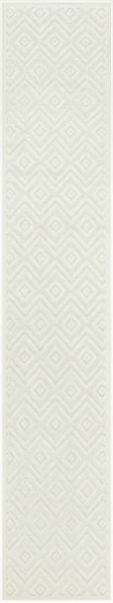 Close-up of Nourison Versatile Ivory White rug. Features a subtle geometric diamond and chevron pattern. Modern style.