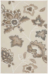 Close-up of Nourison Aloha Beige Farmhouse Area Rug. Floral pattern in beige, brown, and gray on a textured beige background.