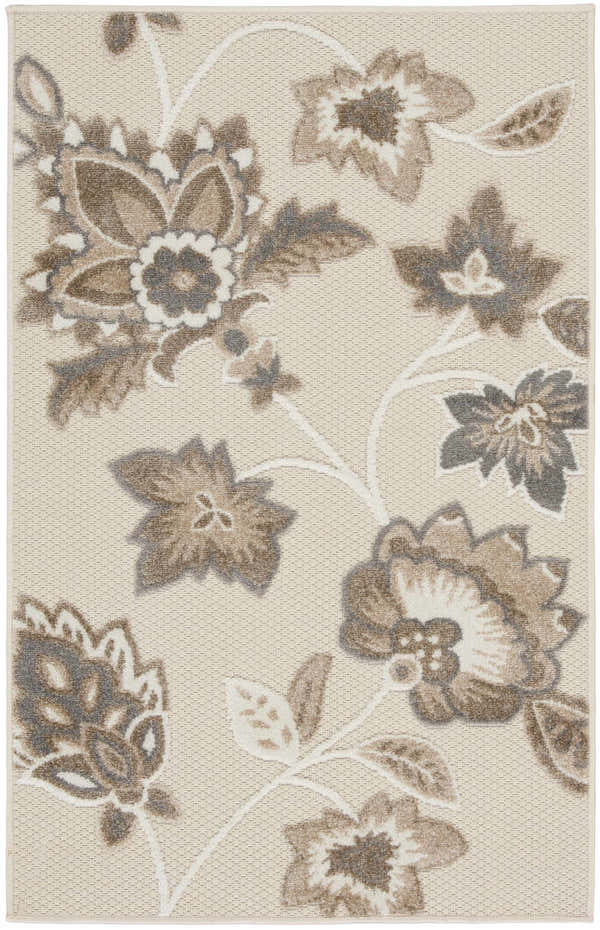 Close-up of Nourison Aloha Beige Farmhouse Area Rug. Floral pattern in beige, brown, and gray on a textured beige background.
