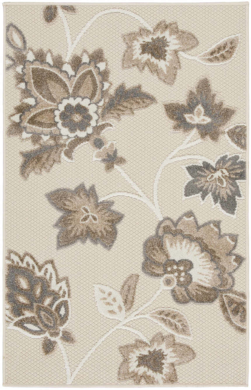 Close-up of Nourison Aloha Beige Farmhouse Area Rug. Floral pattern in beige, brown, and gray on a textured beige background.