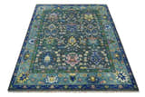 Ready to Ship Hand Knotted Green Moss and Blue Traditional Turkish Design Wool Rug