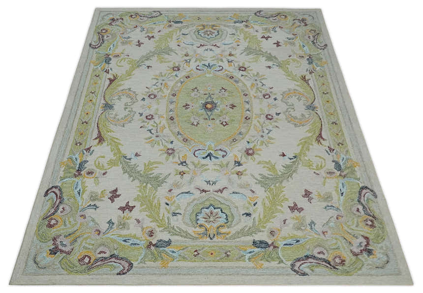 Ivory and Green Custom Made French Design Aubusson Hand Tufted Wool Area Rug