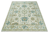 Hand Knotted Ivory, Beige and Teal Antique look Traditional Oushak Multi Size Wool Area Rug