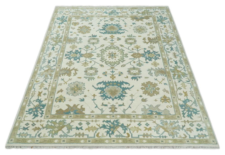 Hand Knotted Ivory, Beige and Teal Antique look Traditional Oushak Multi Size Wool Area Rug