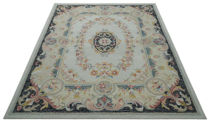 French Design Aubusson Custom Made Ivory, Light Green and Charcoal Hand Tufted wool Area Rug