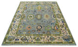 Vibrant Colorful Silver, Green and Light Peach Hand knotted Oushak wool Area Rug