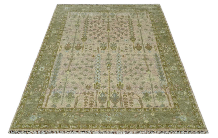 Tree of life Beige, Purple and Olive Hand Knotted Traditional Floral Custom Made wool rug