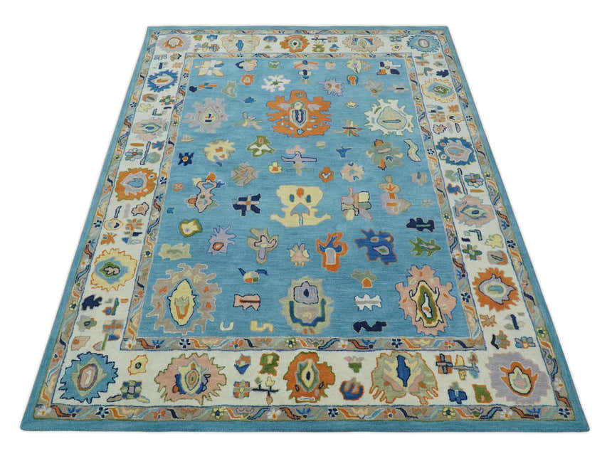 Hand Tufted Blue and Ivory Multi Size Modern Colorful Oushak Rug, Kids, Living Room and Bedroom Rug