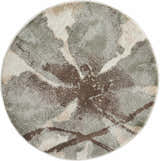 Close-up of round Nourison Euphoria Ivory rug. Chestnut brown, ivory, and green abstract pattern. Farmhouse style.