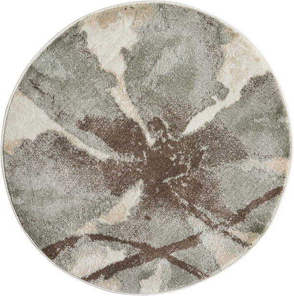Close-up of round Nourison Euphoria Ivory rug. Chestnut brown, ivory, and green abstract pattern. Farmhouse style.