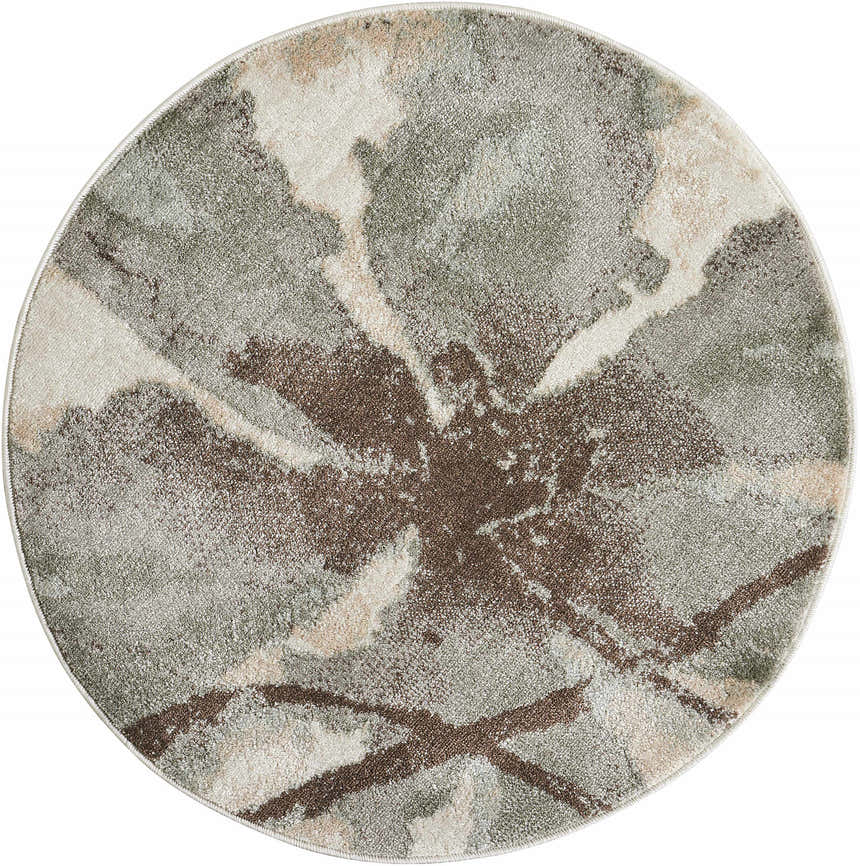 Close-up of round Nourison Euphoria Ivory rug. Chestnut brown, ivory, and green abstract pattern. Farmhouse style.