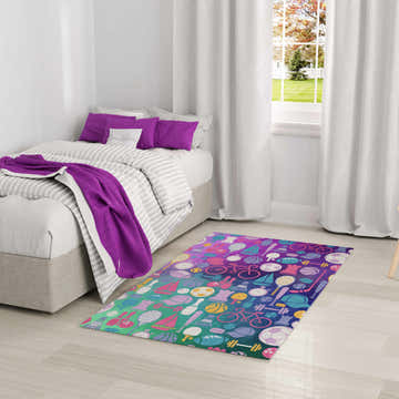 Kids bedroom with Nourison Imagination Purple rug featuring sports icons.
