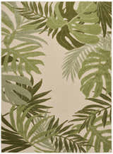 Close-up of Nourison Aloha Ivory Green Outdoor Area Rug with a tropical leaf pattern in shades of green on a beige background.