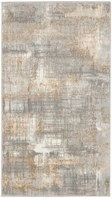 Close-up of the Calvin Klein CK950 Rush rug in grey and beige. Abstract, mid-century modern design with high pile texture.