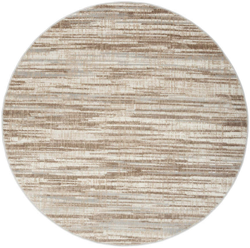 Close-up of round Nourison Elation Ivory Grey rug. Chestnut, ivory, and grey horizontal striations. High pile texture.