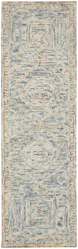 Close-up of the Nourison Interlock Blue Multicolor rug. Features a geometric, bohemian pattern and wool texture.