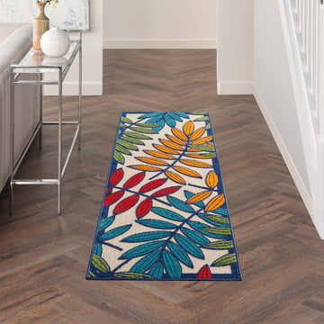 Hallway with Nourison Aloha Multicolor Tropical Area Rug runner, leaf pattern in green, red, teal, and orange.