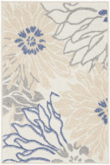 Close-up of Nourison Passion rug with ivory, grey, and blue floral design. Contemporary style, machine-made texture.
