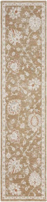 Close-up of Nourison Infinite Mocha Vintage runner rug. Light brown with floral pattern and vintage style.