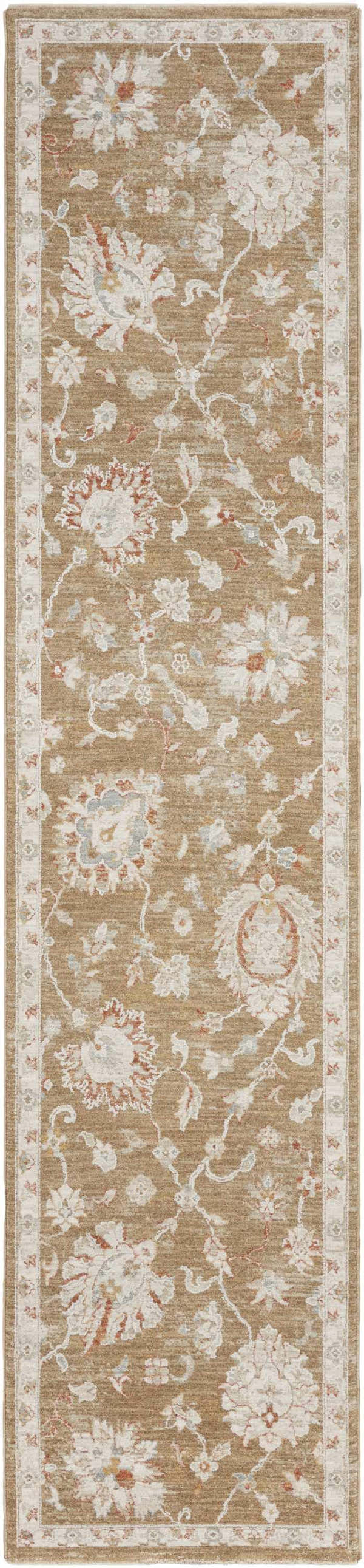 Close-up of Nourison Infinite Mocha Vintage runner rug. Light brown with floral pattern and vintage style.