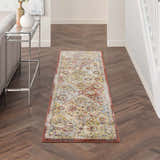 Hallway with Nourison Soraya Terracotta Multicolor runner rug on wood floor, console table, colorful, stylish.